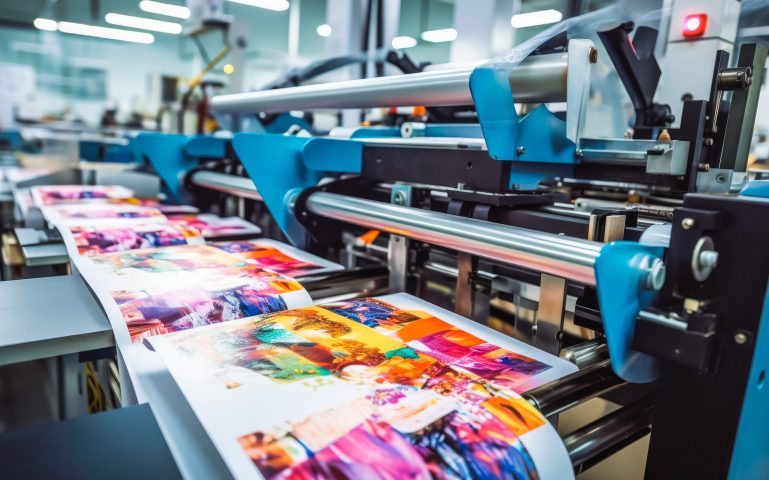 Close up of magazine brochure poster print, colorful flayer printing from machine