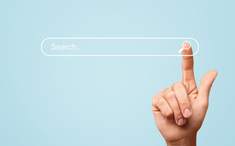 Searching information concept. Hand of man touching in icon search