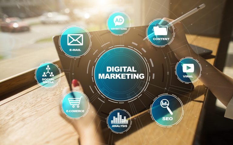 Digital marketing technology concept. Internet. Online. Search Engine Optimisation. SEO. SMM. Video Advertising.